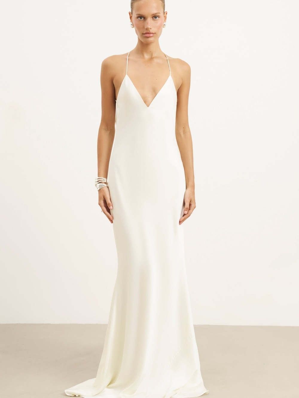 Minimalist Ivory Satin Slip Gown with Spaghetti Straps